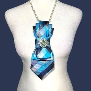 “Dainty Dapper” Elegant Blue Plaid necktie Necklace w/dainty rhinestone brooch